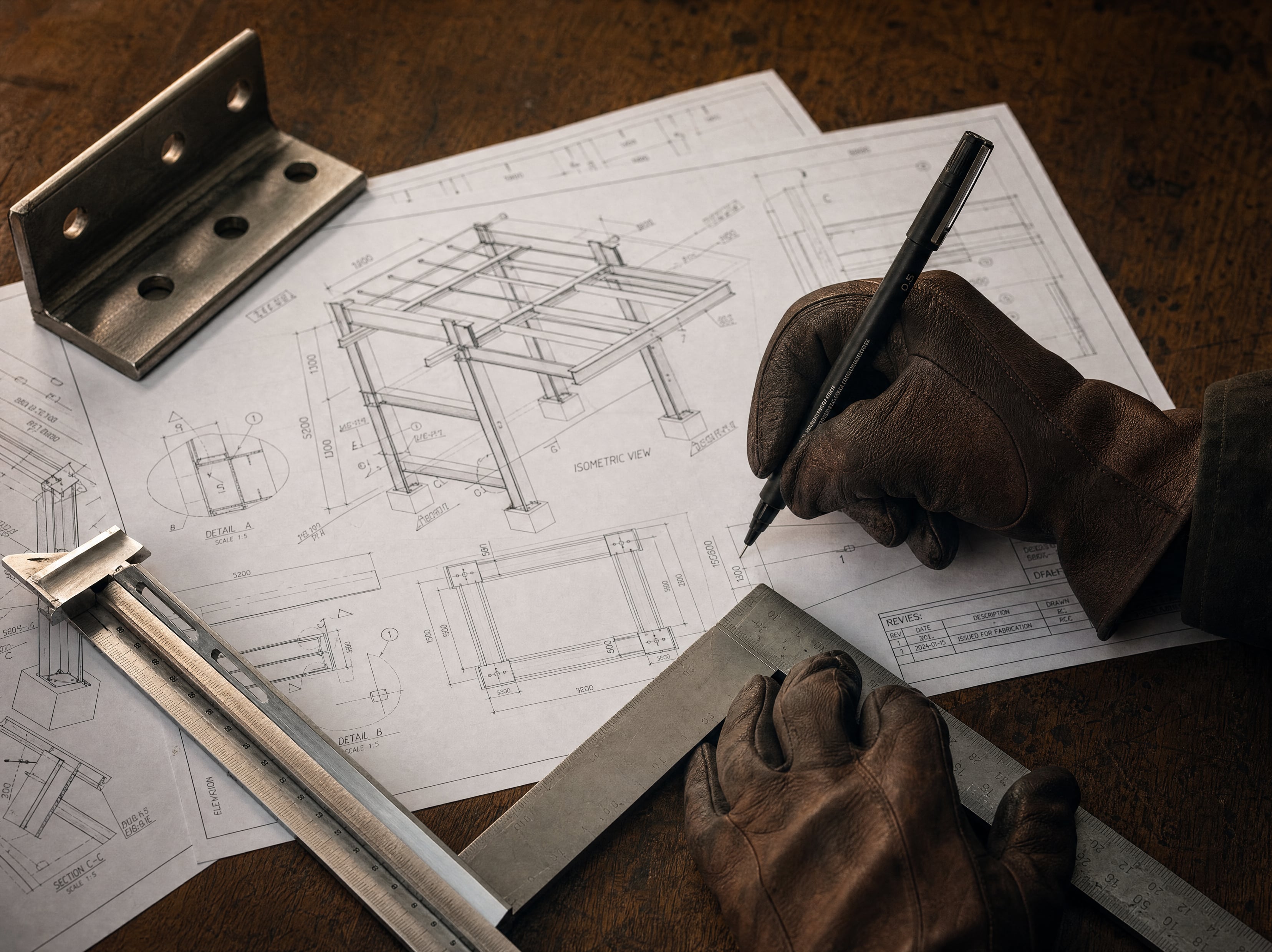Mains de métallier IEF & CO traçant un plan technique isométrique d'une structure acier — atelier Groslay, gants cuir, pen draftsman 0.5mm, équerre acier brossé, lumière forge tungsten